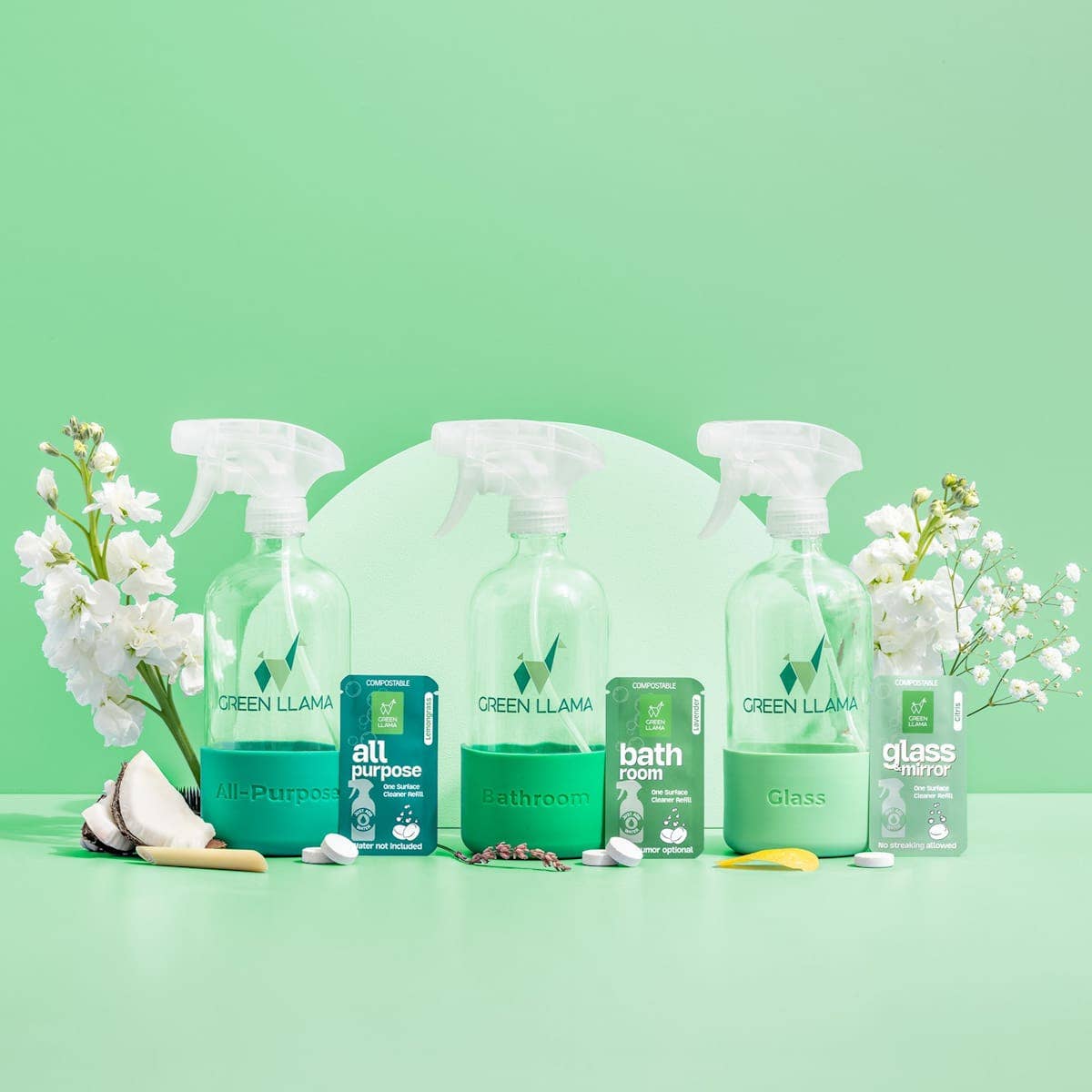 Green Llama Home Cleaning Kit all bottles full kit display