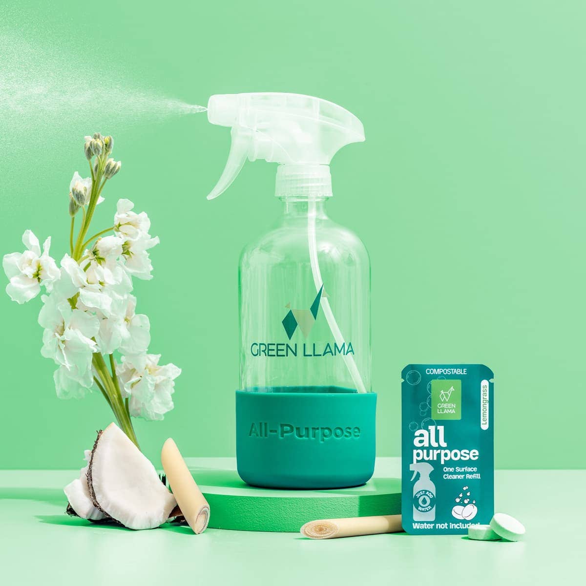 Green Llama All-Purpose Cleaner spray bottle close-up